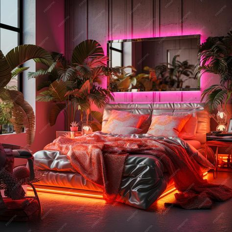 Premium Photo | Interior of neon orange and pink theme bedroom generative ai Neon Boho Bedroom, Neon Pink And Orange Room, Orange Lighting Room, Pink Neon Lights Bedroom, Pink Theme Bedroom, Red Neon Bedroom, Neon Signs Orange, Neon Jungle, Bedroom Seating Area