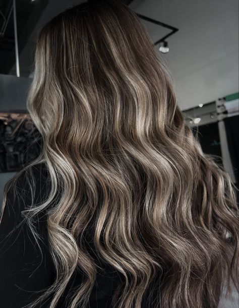 Ash Brown With Grey Highlights, Brown Hair With A Little Highlights, Dark Brown Hair With Ashy Blonde Highlights, Ice Highlights Brown Hair, Dark Brown With Ashy Highlights, Brunnete Hair Highlight, Dark Brown Hair With Icy Highlights, Blonde Hair With Deminsion, Light Brown With Blonde Balayage