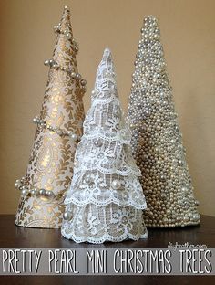 Pretty Pearl Mini Trees | www.diyheather.com/2013/11/pretty-… | Flickr Christmas Cones, Cone Christmas Trees, Christmas Tree Inspiration, Christmas Tree Crafts, Small Christmas Trees, Mini Christmas Tree, Mini Christmas, Noel Christmas, Christmas Tree Themes