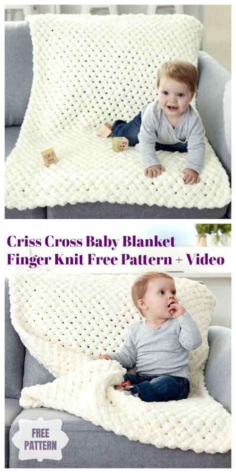 Finger Knit Criss Cross Baby Blanket Free Knitting Pattern - Video Loopy Yarn Criss Cross Baby Blanket, Loop Yarn Criss Cross Pattern, Finger Knit Patterns, Criss Cross Loop Yarn Blanket, Hand Knit Baby Blanket Diy, Hand Knitted Baby Blanket, Finger Knit Baby Blanket, Finger Knitting Patterns, Finger Knitting Projects For Beginners