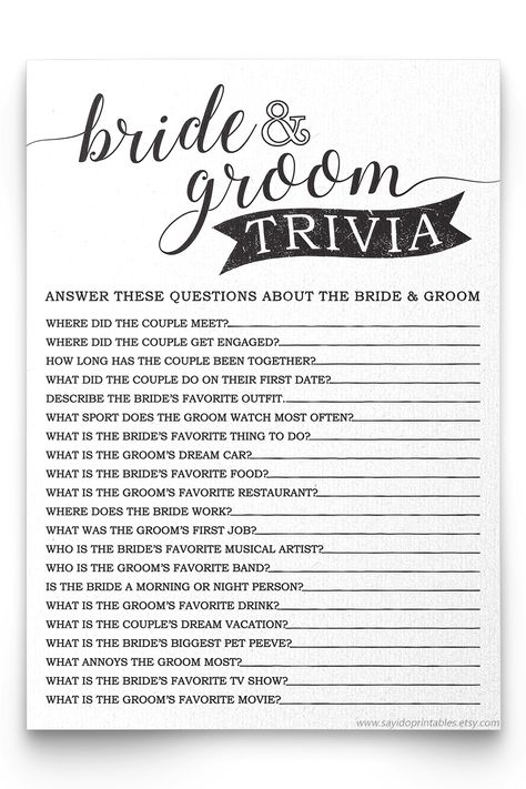 Bride And Groom Trivia, Couples Trivia, Wedding Quiz, Wedding Table Games, Bridal Shower Questions, Wedding Trivia, Wedding Game, Fun Bridal Shower Games, Bridal Shower Activities