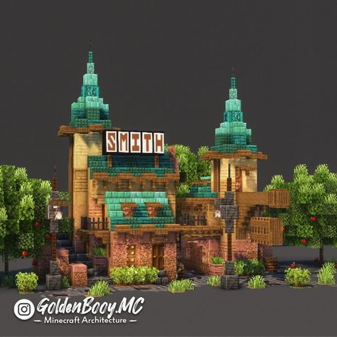 Minecraft Steampunk Village, Minecraft Alleyway, Minecraft Town Square Ideas, Potion Shop Minecraft, Minecraft Shops Building, Minecraft Town Center Ideas, Minecraft Shop Ideas, Minecraft Blacksmith House, Minecraft Storage Building