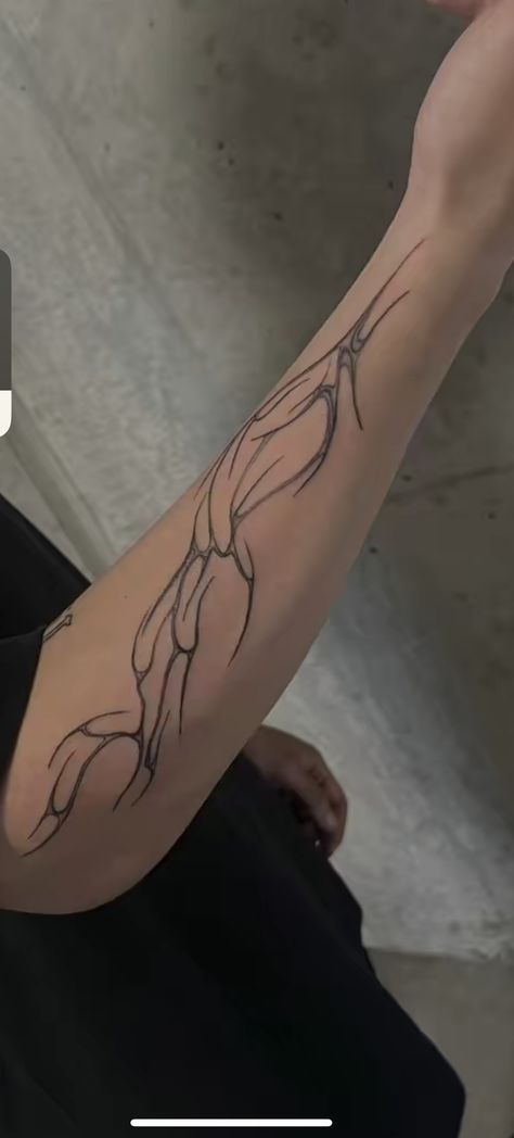 Long Arm Tattoo Men, Long Tattoos Men, Line Work Tattoo Forearm, Arm Trible Tattoos, Jjk Inspired Tattoos, Cybersigilism Tattoo Forearm, Abstract Tattoo Men, Tattoo Around Arm, Arm Cuff Tattoo