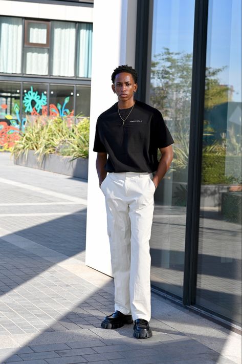 Mens Prada Loafers Outfit, Male Wide Leg Pants, Simple Loafers Outfit, Cream Baggy Pants Outfit Men, White Pants Black Shoes, Prada Aesthetic Outfit Men, Male Dinner Date Outfit, How To Style Baggy Pants Men, Prada Monolith Loafers Outfit Men