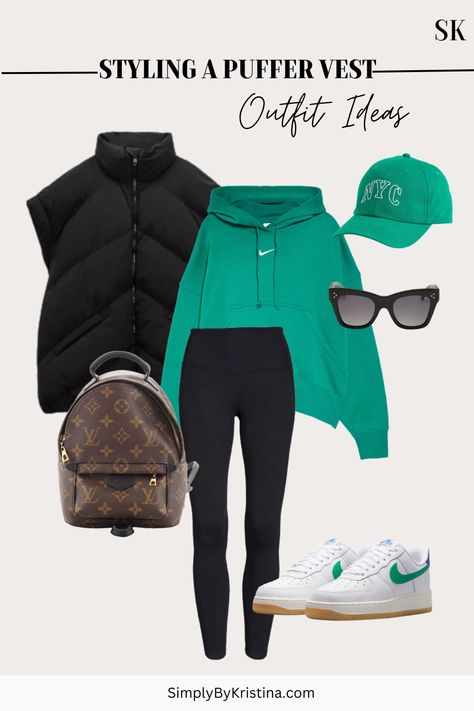 Oversized Puffer Vest Outfit, Chic Leggings Outfit, Nike Leggings Outfit, Green Sweatshirt Outfit, Green Hoodie Outfit, Green Leggings Outfit, Athleisure Outfit Ideas, Nike White Sneakers, Vest Outfits Aesthetic