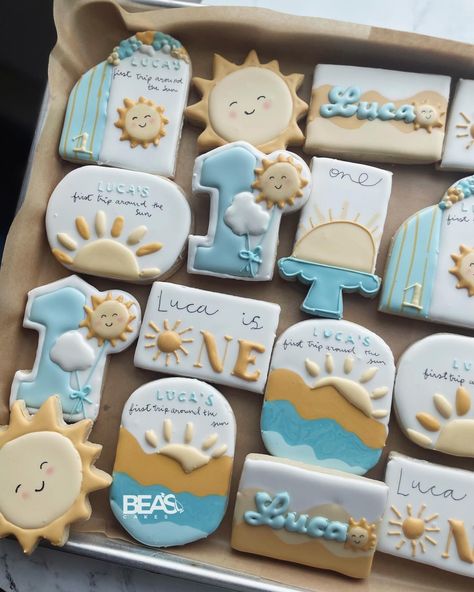 Luca’s first trip around the sun decorated sugar cookies ✨🩵☀️ I’ve been making decorated sugar cookies for Victoria since her bridal shower 🥺and for all her babies first birthdays. Love being part of their special events and milestones. Grateful for customers like her ✨ #sugarcookies #decoratedsugarcookies #galletasdecoradas #firsttriparoundthesun Trip Around The Sun Cookies, First Birthday Sun, Sun Cookies, Beach Cookies, First Trip Around The Sun, Decorated Sugar Cookies, Sun Beach, Baby First Birthday, Sugar Cookies Decorated