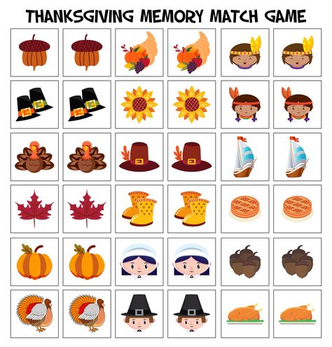 Thanksgiving Game Printable, Thanksgiving Matching Game, Thanksgiving Memory Game, Thanksgiving Preschool Games, Fall Memory Game, Pilgrim Hats, Thanksgiving Games For Kids, Thanksgiving Crafts Preschool, Printable Games For Kids