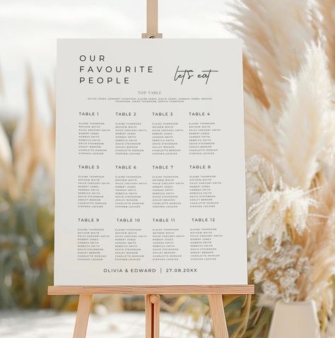 This modern wedding seating chart sign will add a touch of minimalist elegance to your wedding reception decor. This editable template is easy to edit, download and print in Canva. You will receive - A 18 x 24" Template - A 20 x 30"  Template - A 24 x 36" Template ---------------------- HOW IT WORKS ---------------------- 1. Purchase the listing(s). 2. Download the PDF and click the links to access your templates. 3. Log in to the Canva (free) website to customize then save and download. 4. You Minimalist Seating Chart, Seating Plan Sign, Table Seating Plan, Find Your Seat Sign, Wedding Table Seating Plan, Seating Chart Sign, Wedding Minimalist, Table Seating Chart, Wedding Table Seating