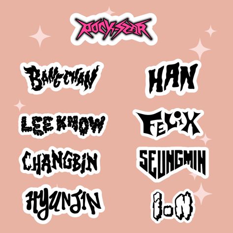 Pack of 9 space filler stickers inspired by SKZ Rockstar comeback.  Available as paper, matte vinyl, and glossy laminated vinyl. All stickers are die-cut with easy peel-off.  Size of each sticker: Rockstar: 1.2 in x 0.45 in Bangchan: 1.2 in x 0.48 in Lee Know: 1.2 in x 0.35 in Changbin: 1.2 in x 0.47 in Hyunjin: 1.2 in x 0.58 in Han: 1.2 in x 0.84 in  Felix: 1.2 in x 0.55 in Seungmin: 1.2 in x 0.59 in I.N: 1.2 in x 0.92 in Every order comes with a small freebie :)    Please note that shipping do Sticker Ideas Black And White, Stray Kids Stickers Printable, Stray Kids Rockstar, Stray Kids Names, Stray Kids Stickers, Skz Rockstar, Skz Sticker, Stray Kids Sticker, Skz Stickers