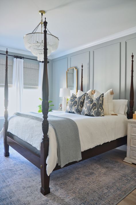 Dreamy vibes for your Monday, sweet friends! We love a gorgeous Spring bedroom refresh, and you've got Yours, too! This room was a plain white box when we started; now, it's a beautiful coastal oasis of rest and relaxation here in the Lowcountry...talk about a boost for your mental health! We love the Charleston look—let us find Your version of Coastal!   #bedroomdecor#coastalbedroom #Charleston #interiordesign #spring #springtime#mentalhealth #bluebedroom #bedroomdesign #lowcountry #trimmolding Blue Guest Bedroom Decor, Rice Beds Bedroom, Primary Bedroom Styling, Charleston Guest Bedroom, Hampton Cottage Interiors, Colonial Chic Bedroom, Southern Living Bedroom Master Suite, Coastal Traditional Bedroom, Traditional Coastal Bedroom