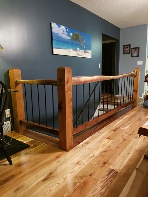 Just the wood, for around the branch-like iron panels- Live edge black walnut stair rail Walnut Stair Railing, Live Edge Stairs, Cabin Stair Railing Ideas, Modern Cabin Stair Railing, Loft Railing Ideas Rustic Cabin, Log Railings For Stairs, Log Cabin Stair Railing Ideas, Alaska House, Wood Railings For Stairs