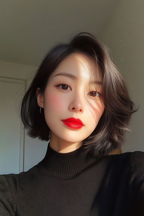 Woman with short black hair, wearing a black turtleneck and red lipstick, in bright natural light. Bob Hairstyles Women, Straight Across Bangs, Highlighted Bangs, Hair Projects, Textured Bob, Medium Short Hair, Hairstyles Women, Hairdos For Short Hair, Inverted Bob