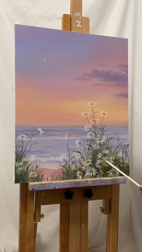 Ocean Art Painting, Sky Art Painting, Acrylic Painting Ideas, Canvas Painting Tutorials, Soyut Sanat Tabloları, Canvas Painting Landscape, Seni Cat Air, Canvas Painting Designs, Landscape Art Painting