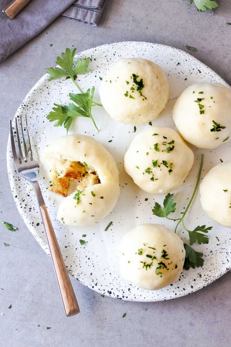 Easy Potato Dumplings (German with Optional Crouton Filling) Potato Dumplings German, German Dumplings, Traditional German Food, Braised Red Cabbage, Oktoberfest Food, Pork Schnitzel, German Potatoes, How To Make Potatoes, Potato Dumplings