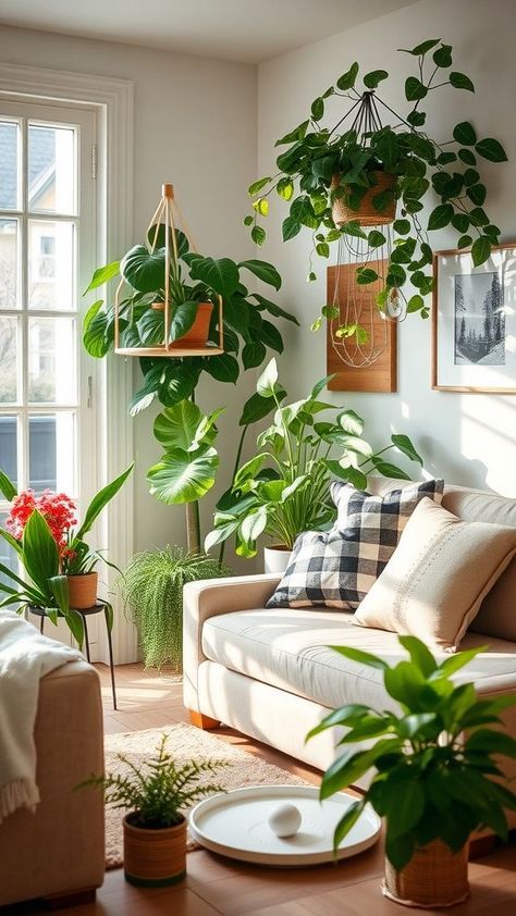 Wintering Plants Indoors, Plants In Studio Apartment, Planted Living Room, House With Lots Of Plants, Plants Indoor Aesthetic, Plant Living Room Aesthetic, Living Room With Plants Ideas, Indoor Plant Room, Indoor Plants Aesthetic