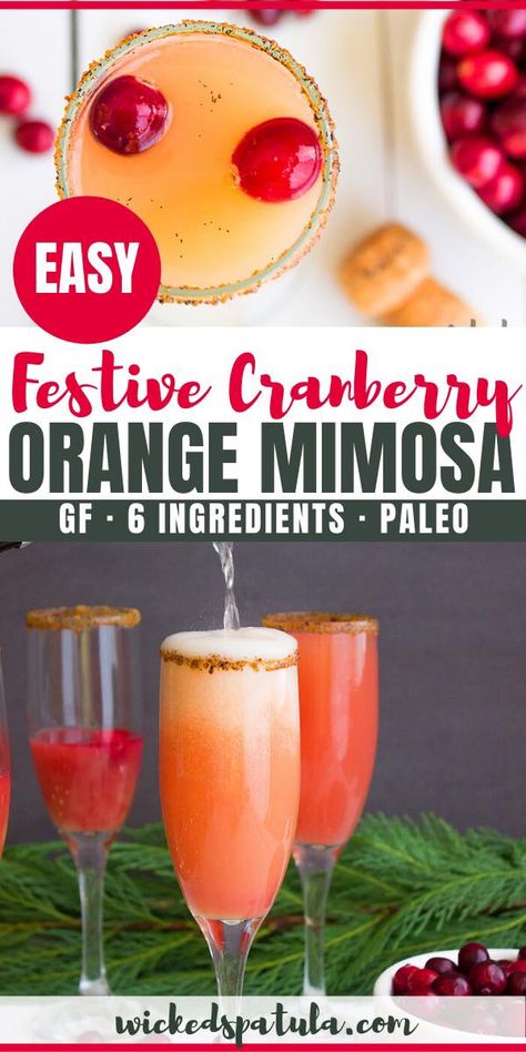 Holiday Orange Cranberry Mimosa Recipe | This holiday cranberry mimosa recipe is bright, beautiful, and bubbly! It takes just a few minutes to make a cranberry orange mimosa for Christmas... or any day. #wickedspatula #paleo #holidaymimosa #mimosa #cranberries #orange #vanilla via @wickedspatula