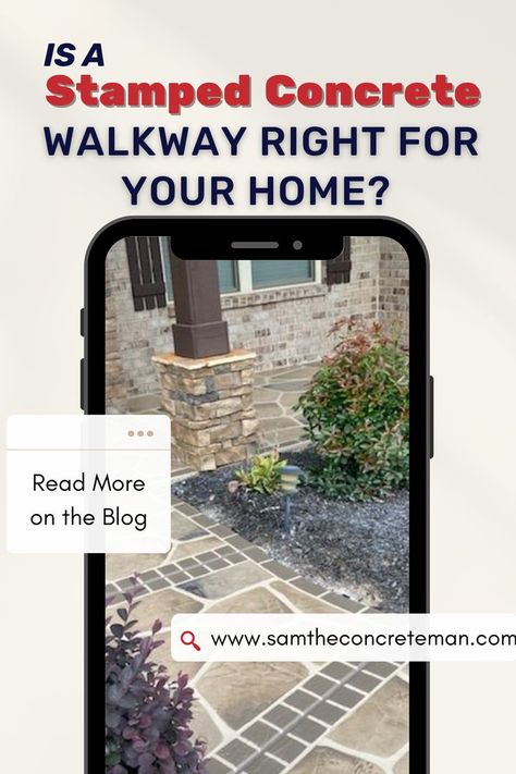 stamped concrete porch and walkway Stamped Concrete Walkway, Concrete Walkway, Stamped Concrete, Stained Concrete, Garden Pathway, Home Improvement Projects, Walkway, Cement, Front Yard