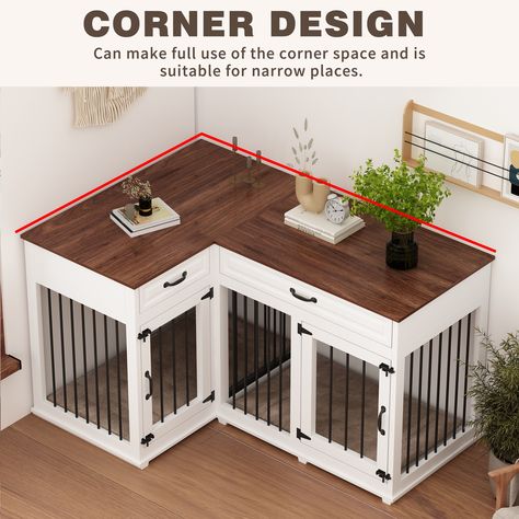 Extra Large Dog Crate Furniture, Dog Kennel Bench Seat, Corner Dog Crate Diy, Corner Kennel, Diy Furniture Dog Crate, Diy Dog Crate Furniture, Corner Dog Crate, Dog Crate Ideas, Pet Crate Furniture