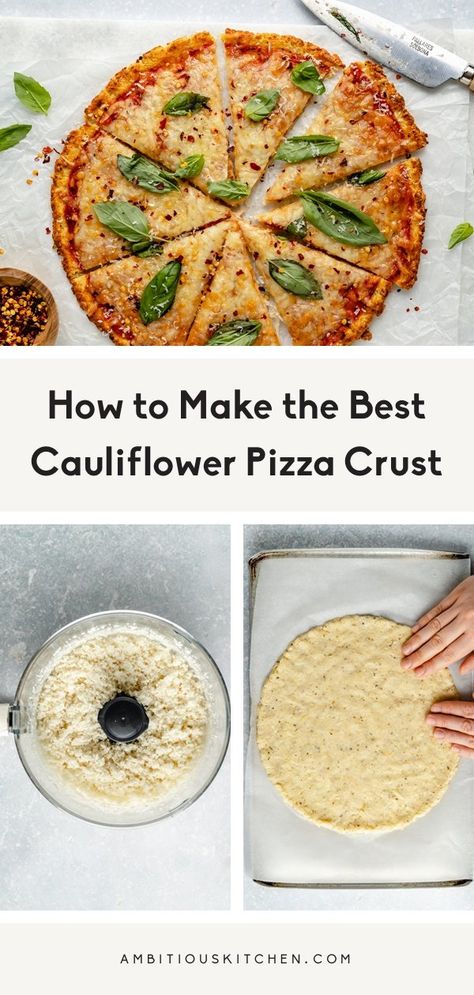 The BEST cauliflower pizza crust you'll ever make! Learn exactly how to make cauliflower pizza crust that's flavorful, low carb and packed with fiber & protein. Top it with whatever your heart desires. You'll make this cauliflower pizza crust recipe again and again! #pizza #pizzacrust #lowcarb #cauliflower #glutenfree The Best Cauliflower, Cauliflower Pizza Crust Recipe, Resep Pizza, Pizza Baking, Cauliflower Pizza Crust, How To Make Cauliflower, Pizza Roll, Egg Diet Plan, Ambitious Kitchen