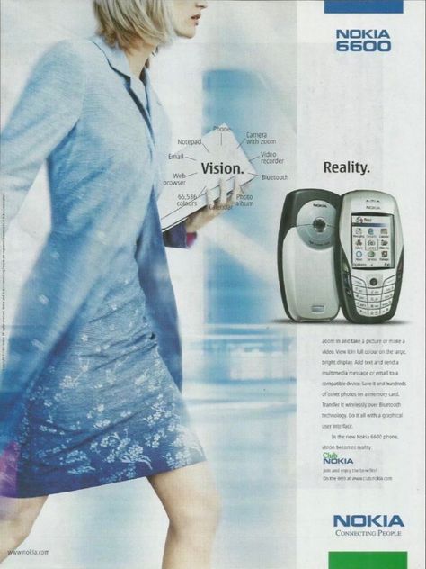 Nokia 6600 Magazine Ad (2003) Old Nokia, Y2k Magazine, Y2k Posters, Publicidad Creativa, Blue Y2k, Clubbing Aesthetic, Poster Ads, Retro Ads, Old Phone