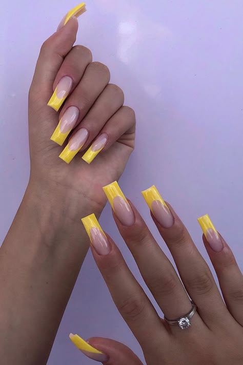 yellow french tip nails Yellow French Tip, Acrylic Nails Yellow, Yellow French, Yellow Nail, Nails Yellow, Milky Nails, Wow Nails, Sassy Nails, French Tip Acrylic Nails