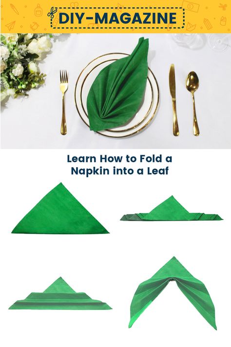 How to fold a napkin into a Leaf Flower Napkin Folding Cloth, Lotus Napkin Folding Step By Step, Leaf Folding Napkins, Tropical Napkin Folding, Bird Of Paradise Napkin Fold, Creative Ways To Fold Napkins, Napkin Leaf Folding, Spring Napkin Folds, Birthday Napkin Folding