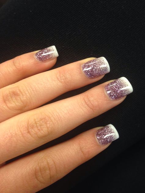 Purple glitter ombre -- French tips Purple And White Ombré Nails, Ombre French Manicure With Glitter, French Nails Stiletto, Ombre French Tips, June Nails, Verse Tattoos, Finger Paints, Toenail Designs, Ombré Nails