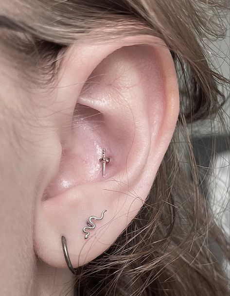 conch and lobe peircing Two Lobes And Conch, Snake Conch Piercing, Conch Piercing, Conch, Piercings, Quick Saves