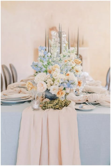 Blue French Country Wedding, Light Peach Wedding, Peach Wedding Decor, Dusty Blue Color Palette, Blue Peach Wedding, French Blue Wedding, Pastel Wedding Theme, Blue Table Settings, French Country Wedding