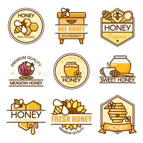 Vector set of colored honey labels, bee badges and design elements. Apiary logo template. Outline flat consept style royalty free illustration Bee Movie Characters, Apiary Design, Honey Labels, Honey Label Design, Honey Logo, Honey Label, Bee Movie, Canvas Learning, Badge Design