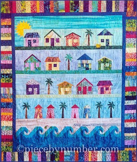 Beach Cottages Quilt Pattern | Craftsy Beach House Quilts, Beach Themed Quilts, Coastal Quilts, House Quilt Block, House Quilt Patterns, Nautical Quilt, Beach Quilt, Row Quilt, Paper Pieced Quilt Patterns