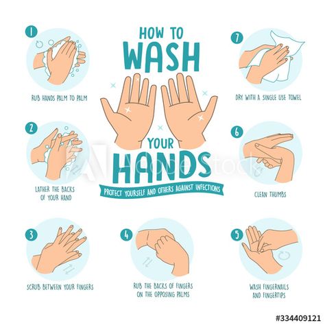 Stock Image: how to wash hands with soap and water thoroughly step by step to keep hands free of germs and viruses. Personal hygiene, disease prevention, and health procedure education infographics: vector Personal Hygiene Poster, Hand Hygiene Posters, Diseases Pictures, Food Safety Posters, Hand Washing Poster, Foot Reflexology Massage, Proper Hygiene, Student Picture, Poster Design Layout