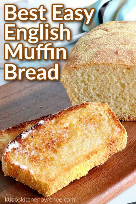 English muffin bread is everything you love about English muffins but in loaf form. This easy and delicious bread will soon become a breakfast staple! #yeastbread #englishmuffins #englishmuffinbread #breakfastbread #breakfast #brunch #kudoskitchenrecipes English Muffin Bread Recipe, English Muffin Bread, Homemade English Muffins, Artisan Bread Recipes, Muffin Bread, Best Bread Recipe, English Muffins, Bread Machine Recipes, Bread Recipes Sweet