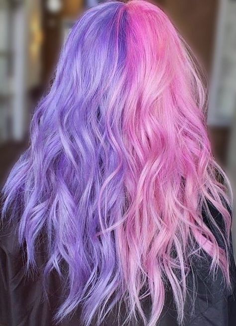 Purple Split Hair Dye, Purple Colored Hair Ideas, Split Purple And Pink Hair, Half Pink And Purple Hair, Half Pink Half Purple Hair Pastel, Purple And Pink Split Hair, Pastel Pink And Purple Split Dye, Two Color Hair Half, Hair Dye Ideas Pink And Purple