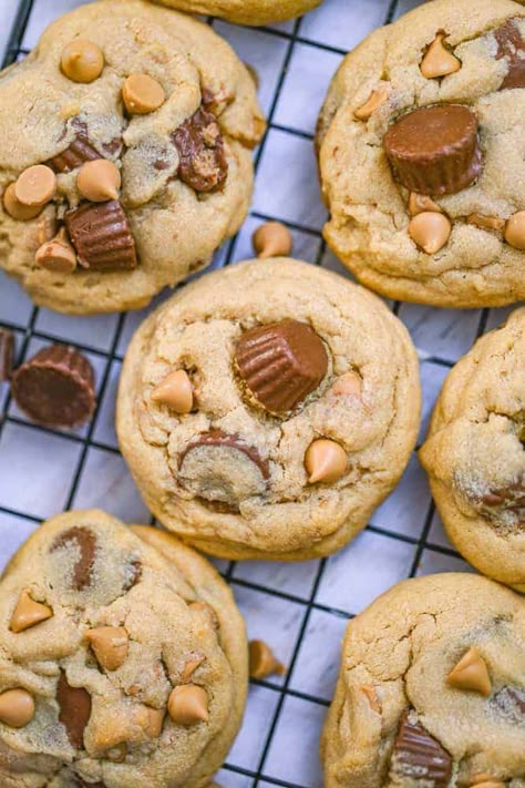 Peanut Butter Cup Explosion Cookies - These amazing Peanut Butter Cup Explosion Cookies are thick, soft and full of peanut butter flavor that will have you falling in love with them in no time. #peanutbutter #cookies #peanutbuttercookies #peanutbuttercups Chocolate Explosion Cookies, Peanut Butter Overload Cookies, Chocolate Explosion Chip Cookies, Butter Desserts, Cookies Peanut Butter, Cookie Brownie, Cookie Sandwich, Peanut Butter Cup Cookies, Butter Recipes