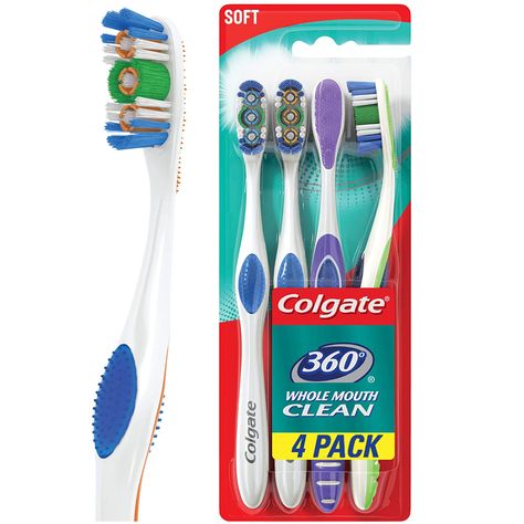 Amazon.com : Colgate 360 Toothbrush, Soft, 4 Count : Health & Household Colgate Toothbrush, Flat Trim, Charcoal Toothbrush, Dental Floss Picks, Colgate Palmolive, Scrubbing Bubbles, Tongue Cleaner, Cheek Stain, Brush My Teeth