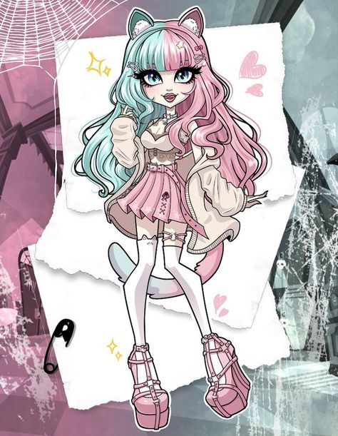 Monster high oc Cute Art Styles Cartoon Chibi, Monster High Original Characters, Monster High X Hello Kitty, Monster High Outfits Drawings, Monster High Pose Reference, Monster High Character Design, How To Draw Monster High, Monster High Deuce Fanart, Monster High Oc Template