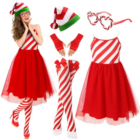 PRICES MAY VARY. Women's Striped Christmas Candy Cane Costume Set: what you will receive are 1 piece of striped Christmas candy cane skirt, 1 piece of Santa hat, 1 pair of heart Christmas glasses, 1 pair of over knee long striped socks, 1 pair of red gloves, the trendy striped pattern and vibrant Christmas colors breathe new life into the festive season, look chic and playful in this striking Christmas attire Proper Size: Christmas Tutu skirt has 2 sizes, namely medium and large, which can be st Candy Cane Skirt, Candy Cane Costume, Candy Corn Costume, Christmas Costumes Women, Christmas Dress Up, Christmas Tutu, Christmas Attire, Red Gloves, Striped Tights