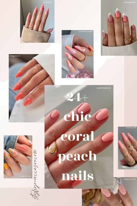 Looking for a fun, tropical-inspired nail color? Try some of these beautiful pink shades! Peach Color Nail Ideas, Coral French Tip Nails Almond, Coral Nail Ideas Summer Colors, Peach Tip Nails, Peach Nails With Designs Summer, Peach Short Nails, Coral Almond Nails, Peach Nails With Designs, French Tip Styles