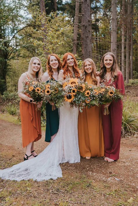 Outdoor woodland wedding with the bride in a lace wedding dress holding a Sunflower wedding bouquet by Grace Elizabeth Photography Holding Sunflower, Apple Wedding, Sunflower Wedding Bouquet, Cabin Wedding, Bouquet Inspiration, Grace Elizabeth, Massachusetts Wedding, Floral Wedding Dress, Elegant Photo