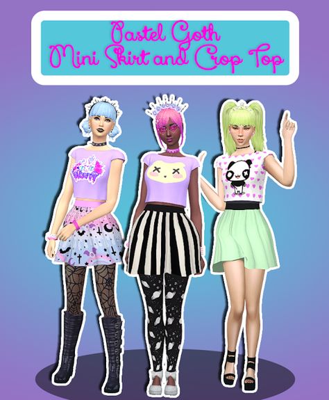 Sims 4 CC's - The Best: Pastel Goth Mini Skirt, Crop Top and Dresses by Te... Sims 4 Pastel Goth Cc Maxis Match, Pastel Goth Skirts, Pastel Goth Sims 4 Cc, Goth Mini Skirt, Taemin Move, Mini Skirt And Crop Top, Sims4 Clothing, Neon Goth, Skirt And Crop Top