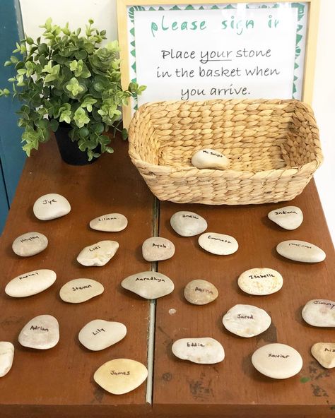 Tash Bright on Instagram: “Sign in stones done 🤗” Sign In Classroom Ideas, Self Registration Eyfs Ideas Natural, Reggio Sign In Ideas, Nursery Self Registration Ideas, Classroom Sign In Ideas, Reggio Emilia Classroom, Reggio Inspired Classrooms, Classroom Goals, Eyfs Classroom