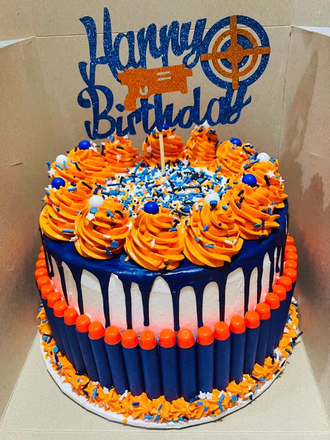 6th Birthday Cakes Boys, 10th Birthday Boy Cake Ideas, 7th Birthday Party For Boys Ideas, Blue And Orange Cake Birthday, Boys 7th Birthday Party Ideas Themes, Boy 7th Birthday Party Ideas, Nerf Birthday Party Ideas Cake, 6 Year Boy Birthday Party Ideas, 7th Birthday Boy Ideas