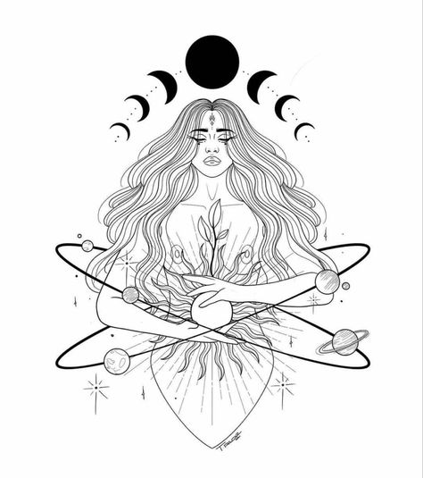 Earth Goddess Tattoo Divine Feminine, Astrology Drawings, Spiritual Coloring Pages, Virgo Tattoo Designs, Arte Doodle, Kunst Tattoos, Spiritual Tattoos, Simplistic Tattoos, Coloring Book Art