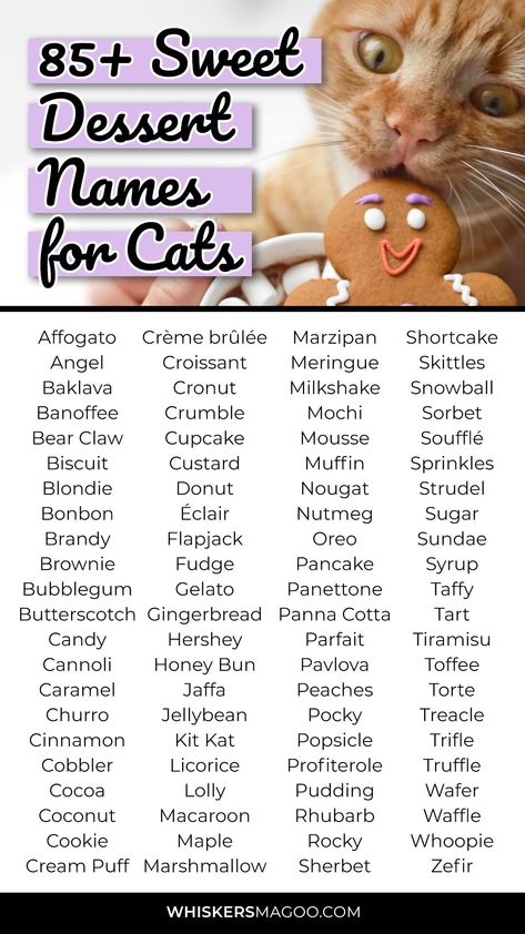 From Cookie, Custard and Waffle, to Pudding, Fudge, Mousse, and more, check out over 85 sweet dessert names for cats, right here! Food Pet Names, Puppy Litter Theme Names, Food Names For Pets, Food Names Ideas, Fudge Mousse, Names For Pets, Pudding Fudge, Names For Cats, Panna Cotta Tart