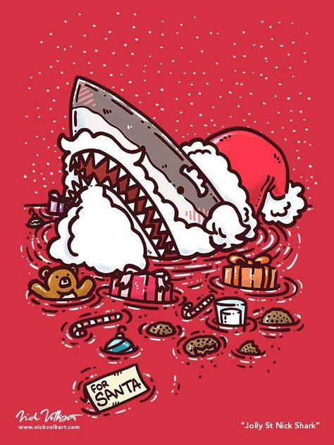 A shark peeks out of the water, surrounded by an assortment of cookies and gifts, dressed as Jolly St Nick! Christmas Shark, Christmas Cards Drawing, Sea Dream, Eat Cookies, Creepy Christmas, Shark Art, Cute Shark, Custom Puzzle, O Holy Night