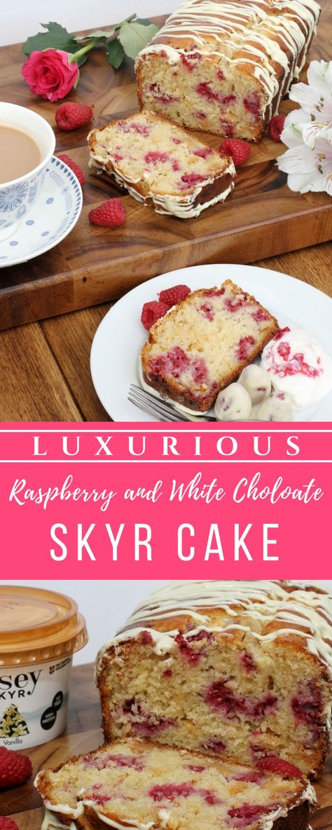 Raspberry and White Chocolate Skyr Cake Skyr Cake, Skyr Recipe, Chocolate Raspberry Cake Recipe, Raspberry And White Chocolate, Blackberry Syrup, Raspberry Cake, Family Summer, Gateaux Cake, Pound Cake Recipes