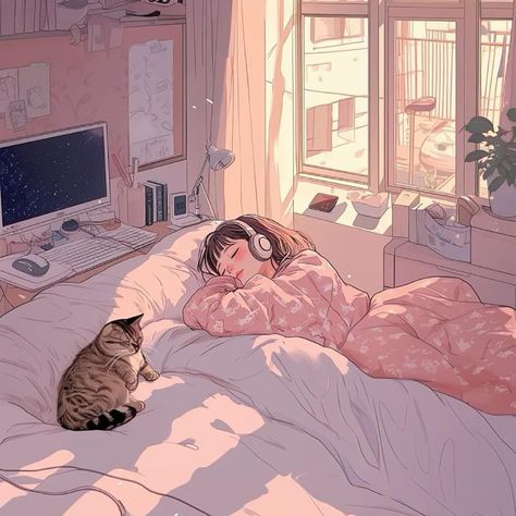 Cozy Pink Phone Wallpaper, Sleepy Pink Aesthetic, Cozy Cat Wallpaper, Cozy Vibes Wallpaper, Bedroom Illustration Aesthetic, Cozy Iphone Wallpaper, Pink Lofi Aesthetic, Wallpaper Iphone Cat, Lofi Aesthetic Wallpaper