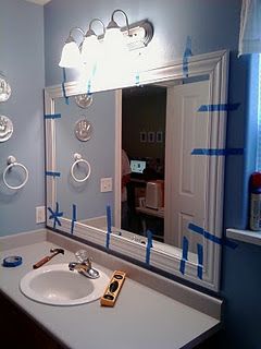 Framing bathroom mirror- love this project, just wish the hubby would cooperate in giving a girl a hand Bathroom Mirrors Diy, Mirror Decor Ideas, Bathroom Mirror Frame, Bathroom Mirrors, Apartment Bathroom, Bathroom Redo, Girls Bathroom, Trendy Bathroom, Mirror Frame