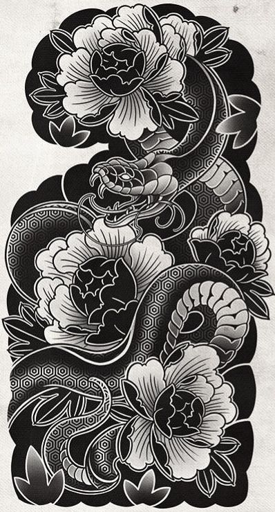 Japanese Black Work Tattoo, Japanese Tattoo Sleeve Stencil, Black And White Irezumi, Japanese Sleeve Tattoos Design, Japanese Small Tattoo Men, Black And White Half Sleeve Tattoo Women, Japanese Ornamental Tattoo, Japanese Traditional Tattoo Black, Jappo Tattoo